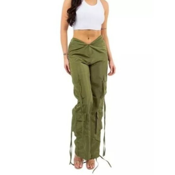 Micas Pants - Micas Women's Large Green Cargo Pants Wide Leg Lightweight Casual Streetwear